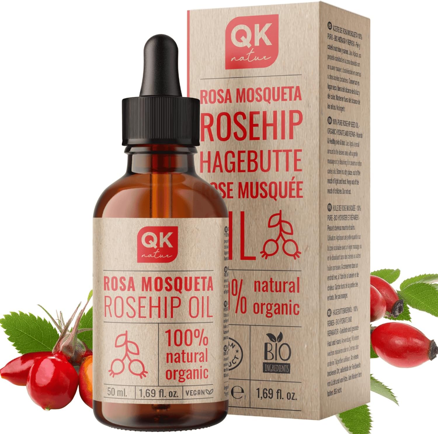 QKnatur - Huile de Rose Musquée 100% Pure Bio Vegan - Flacon verre 50 ml - Cicatrices et Vergetures - Anti-rides Anti-âge - BIO - Pressée à Froid