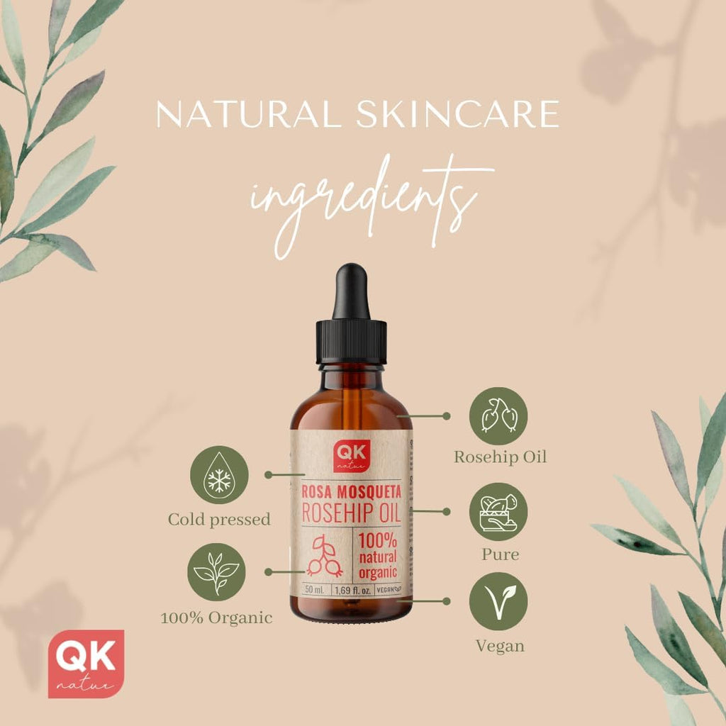 QKnatur - Huile de Rose Musquée 100% Pure Bio Vegan - Flacon verre 50 ml - Cicatrices et Vergetures - Anti-rides Anti-âge - BIO - Pressée à Froid