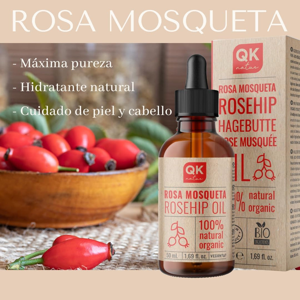QKnatur - Huile de Rose Musquée 100% Pure Bio Vegan - Flacon verre 50 ml - Cicatrices et Vergetures - Anti-rides Anti-âge - BIO - Pressée à Froid