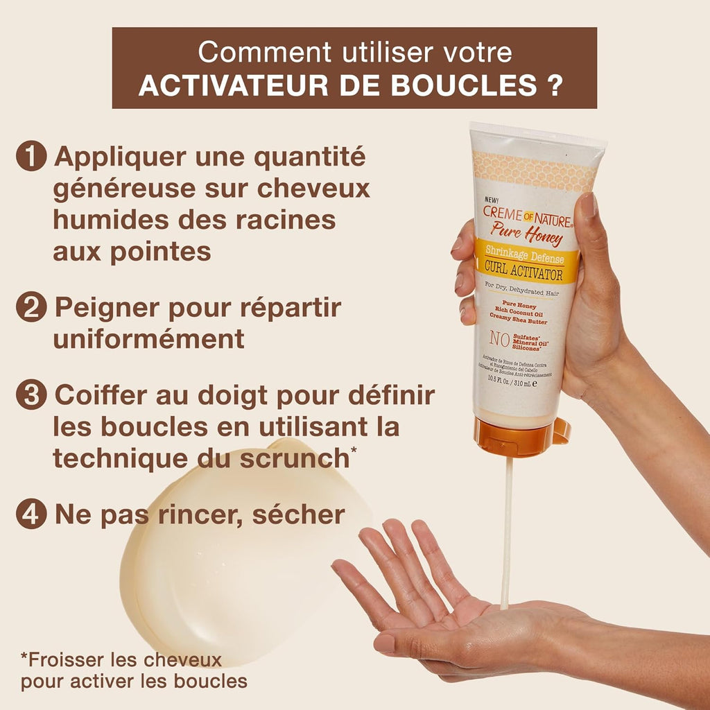 Creme of Nature Pure Honey, Crème Activatrice Boucles à l'Huile de Coco, Beurre de Karité et Miel, Soin des Cheveux Bouclés, Frisés et Crépus, Hair Curler, Produit Cheveux Sans Sulfates - 310ml